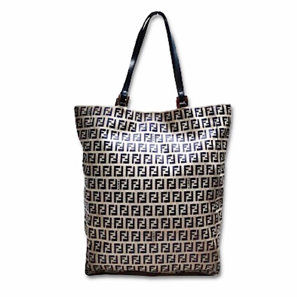 FENDI Zucca Navy Blue Leather and Grey Monogram Canvas Shoulder Bag COA